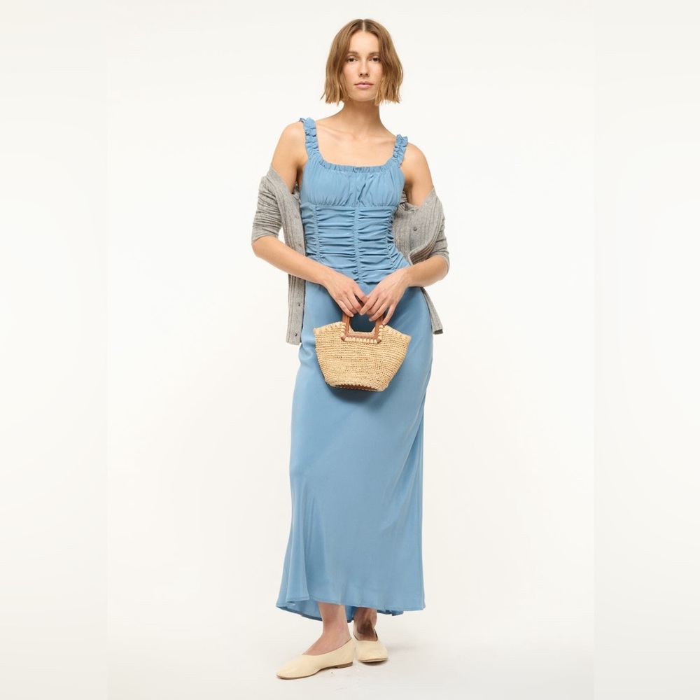 NWT STAUD NIC Silk Maxi Dress Ruffled Shirred Corset Slate Blue $595